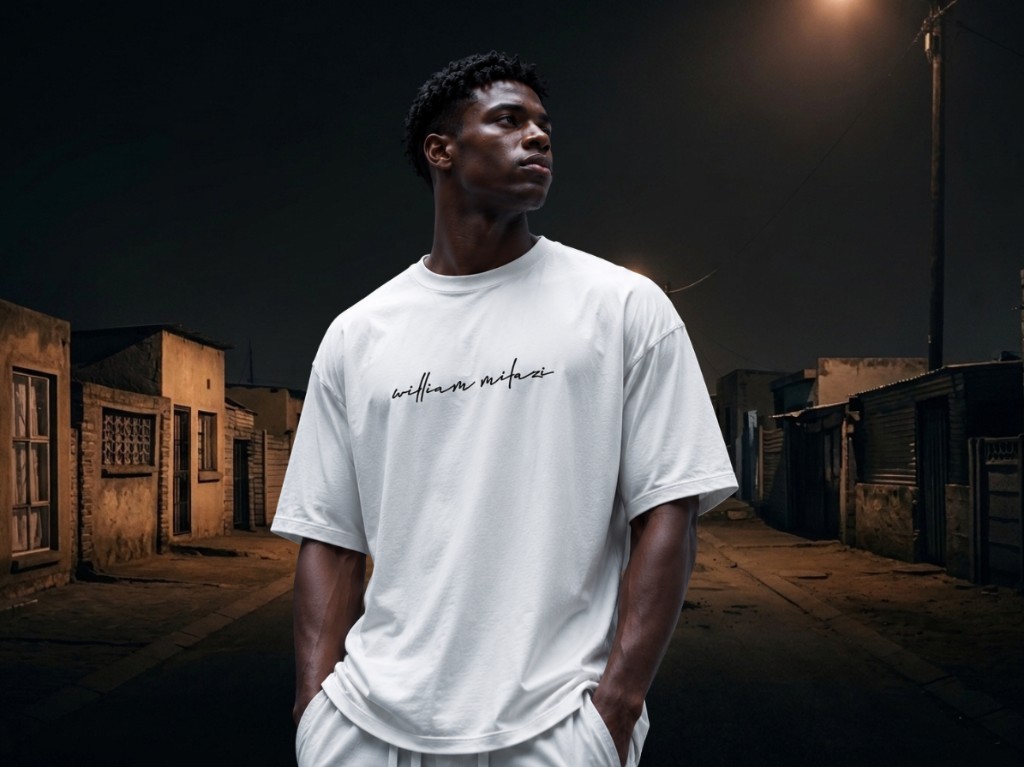 Oversized white tee worn at night, drop-shoulder drape